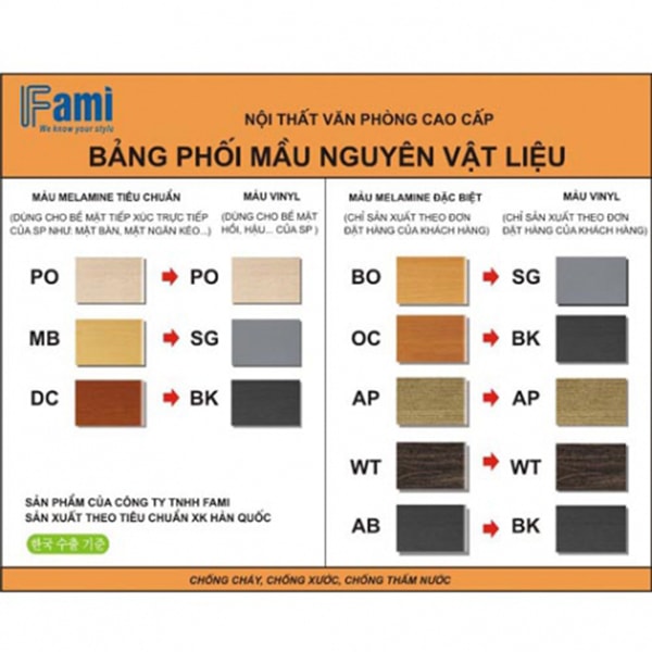 Bảng màu bề mặt Melamine và Vinyl.