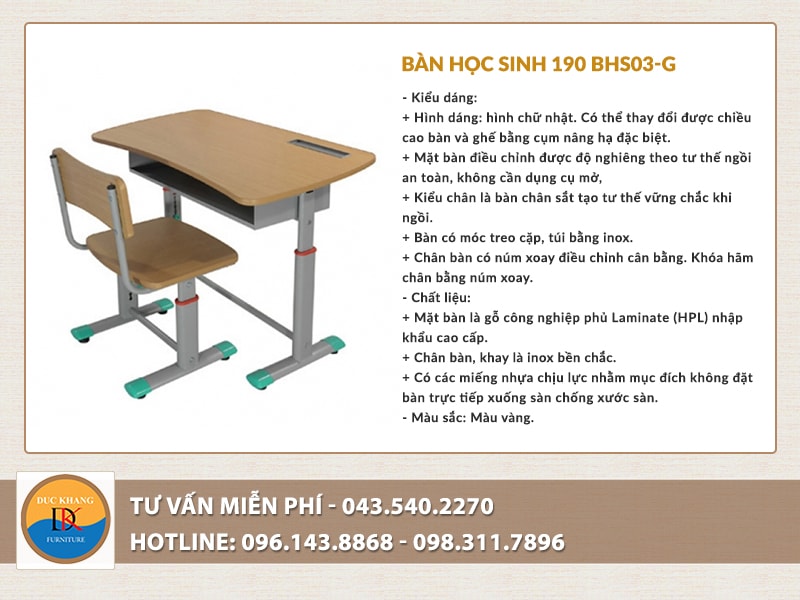 Bàn học sinh 190 BHS03-G có thể thay đổi được chiều cao bàn