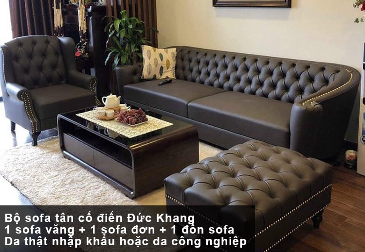 Bộ sofa tân cổ điển kiểu góc kết hợp sofa đơn và đôn màu đen hợp tuổi Canh Thân 1980