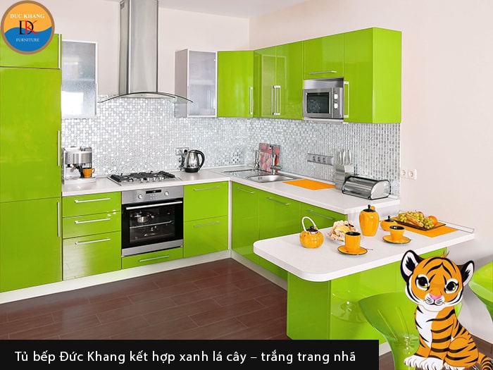 Tủ bếp Đức Khang kết hợp xanh lá cây – trắng trang nhã, thanh lịch