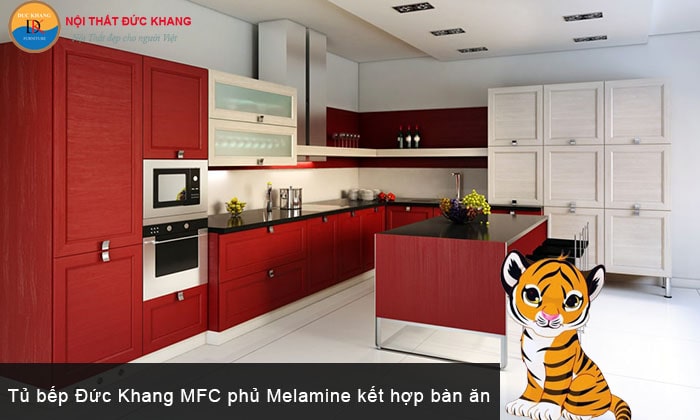 Tủ bếp đỏ MFC phủ Melamine kết hợp bàn ăn