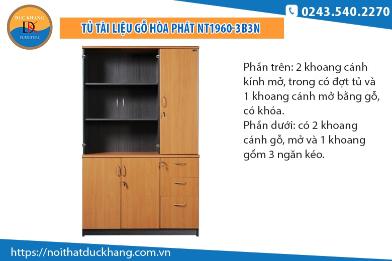 Tủ tài liệu gỗ Hòa Phát NT1960-3B3N đa ngăn tiện lợi