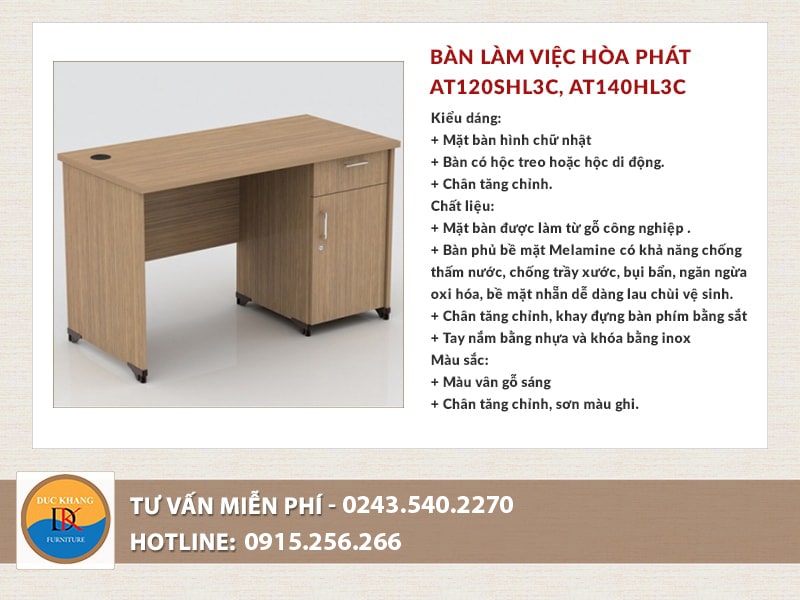 Bàn làm việc Hòa Phát AT120SHL3C kèm hộc liền