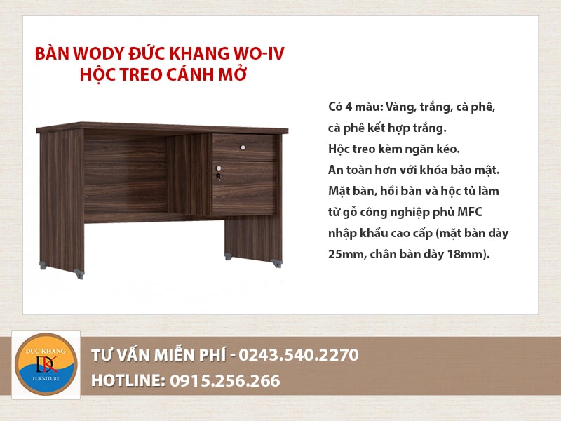 Bàn Wody Đức Khang WO-IV hộc treo ngăn kéo, cánh mở