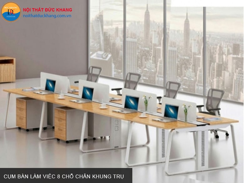 Cụm bàn làm việc 8 chỗ chân khung trụ