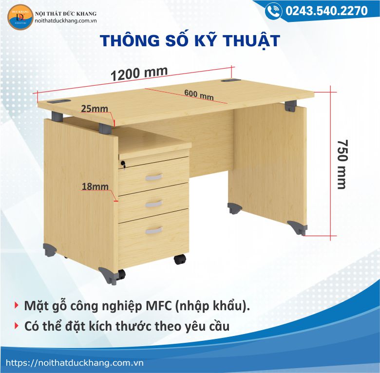 Thông số kỹ thuật bàn Wody Đức Khang WO-I