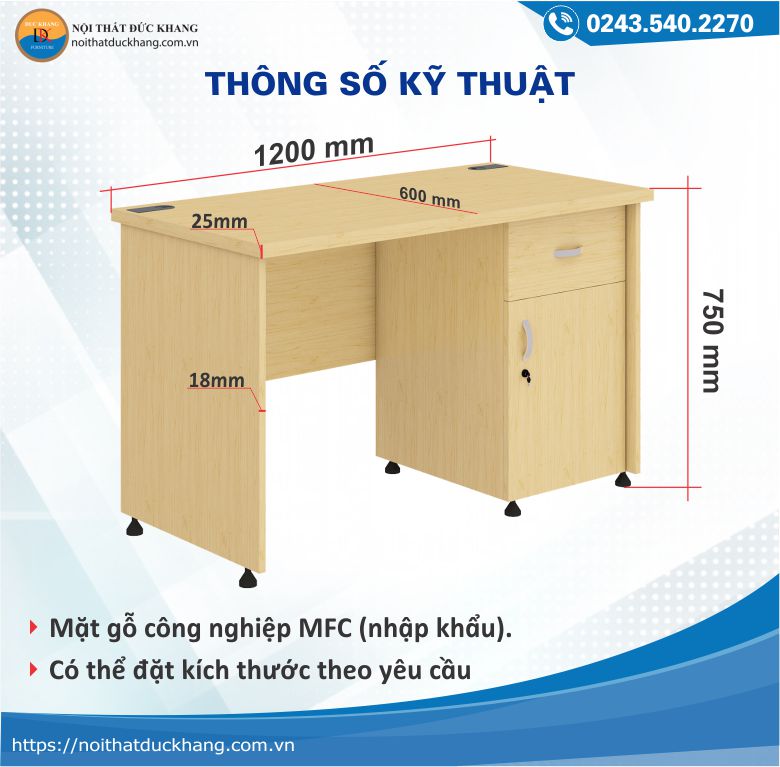 Thông số kỹ thuật bàn Wody WO-V hộc liền