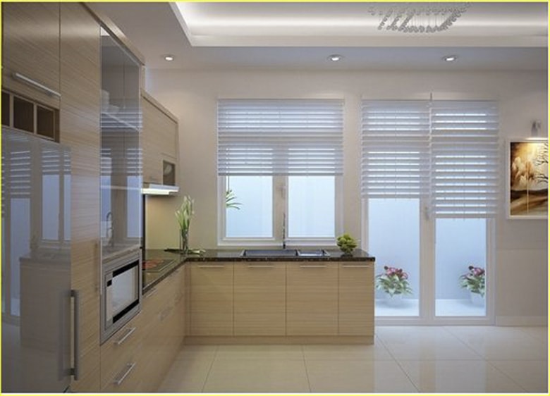 Tủ bếp Veneer gỗ sồi hình chữ L thiết kế hiện đại, tiện nghi