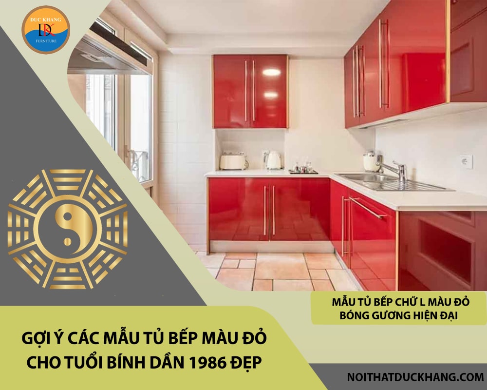 Mẫu tủ bếp chữ L màu đỏ bóng gương hiện đại