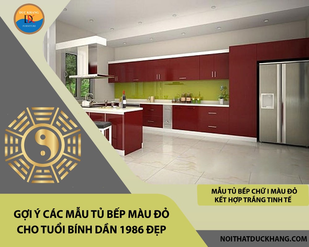 Mẫu tủ bếp chữ I màu đỏ kết hợp trắng tinh tế