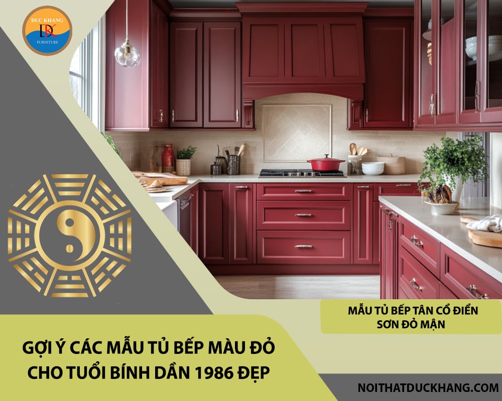 Mẫu tủ bếp tân cổ điển sơn đỏ mận
