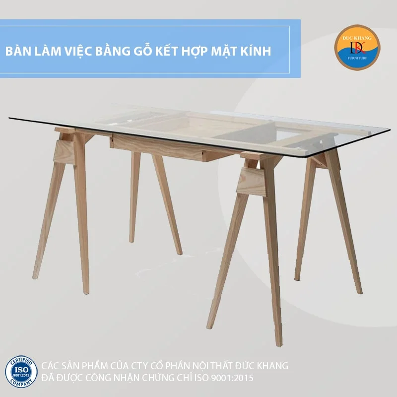 Bàn làm việc gỗ chân khung chữ A kết hợp mặt kính Bàn làm việc gỗ chân khung chữ A kết hợp mặt kính