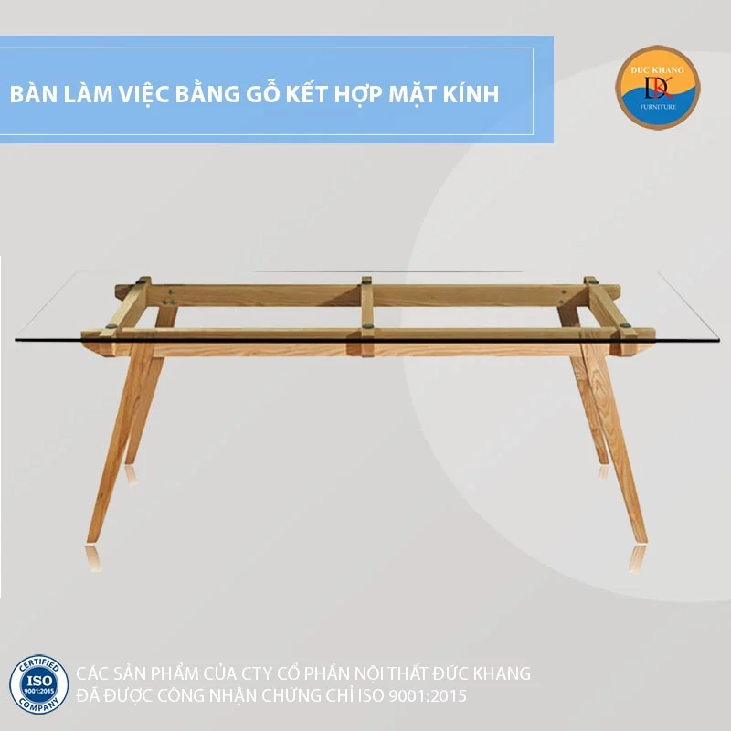 Bàn làm việc với thiết kết khung gỗ đơn giản kết hợp mặt kính Bàn làm việc với thiết kết khung gỗ đơn giản kết hợp mặt kính