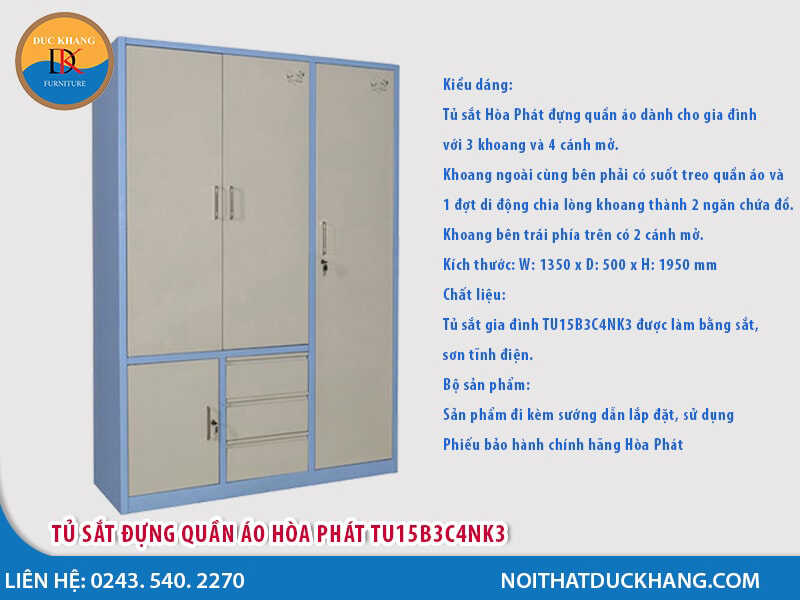 Tủ sắt đựng quần áo Hòa Phát TU15B3C4NK3