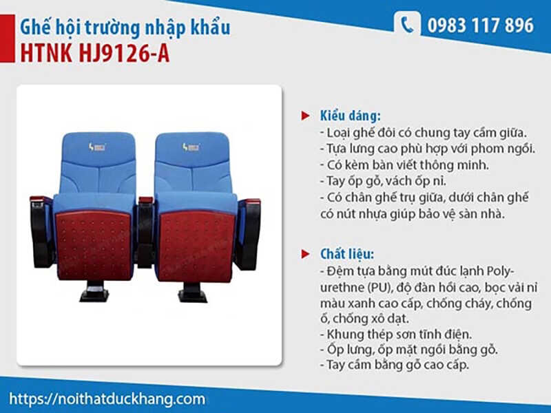 Ghế hội trường nhập khẩu HTNK HJ9126-A kiểu chân trụ bám sàn