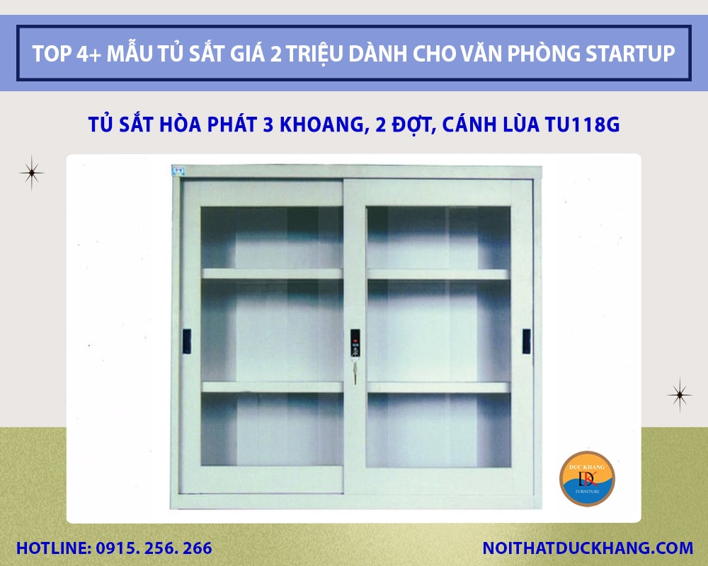 Tủ sắt Hòa Phát 3 khoang, 2 đợt, cánh lùa TU118G