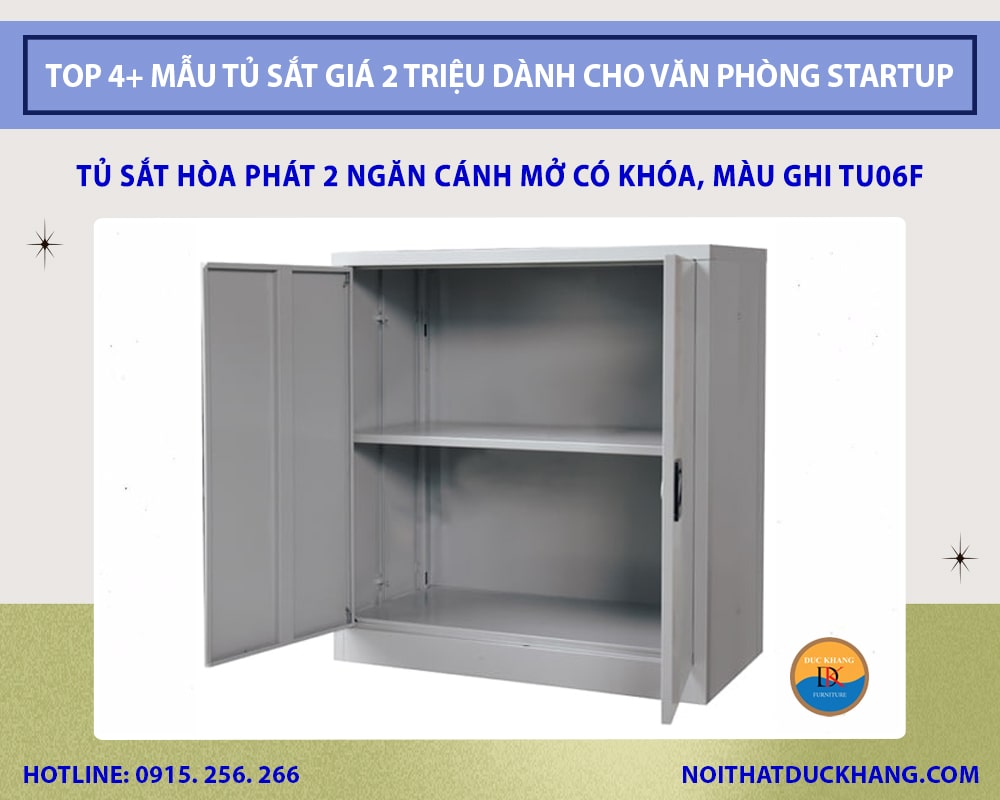 Tủ sắt Hòa Phát 2 ngăn cánh mở có khóa, màu ghi TU06F