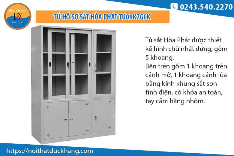 Tủ hồ sơ sắt Hòa Phát TU09K7GCK đa ngăn, cánh lùa tiện lợi