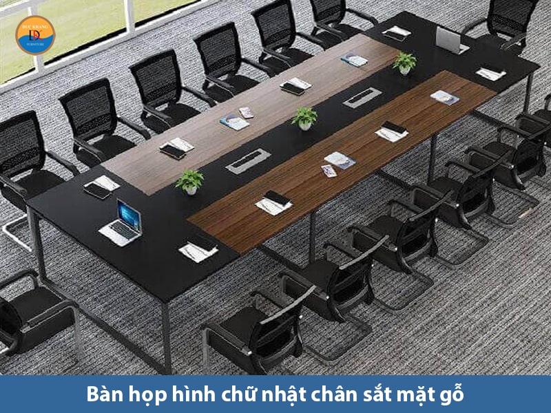 Bàn họp hình chữ nhật chân sắt mặt gỗ