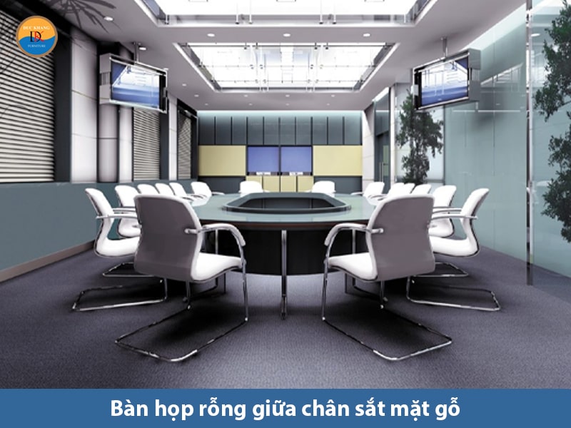 Bàn họp rỗng giữa chân sắt mặt gỗ