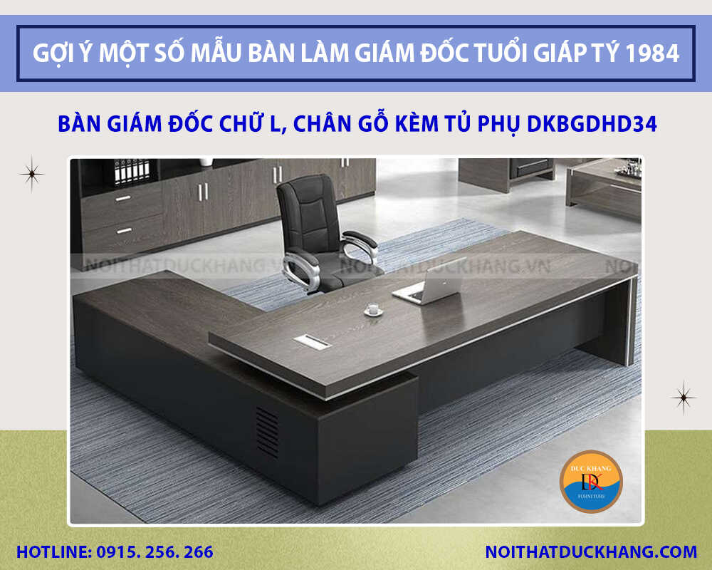 Bàn giám đốc chữ L, chân gỗ kèm tủ phụ DKBGDHD34
