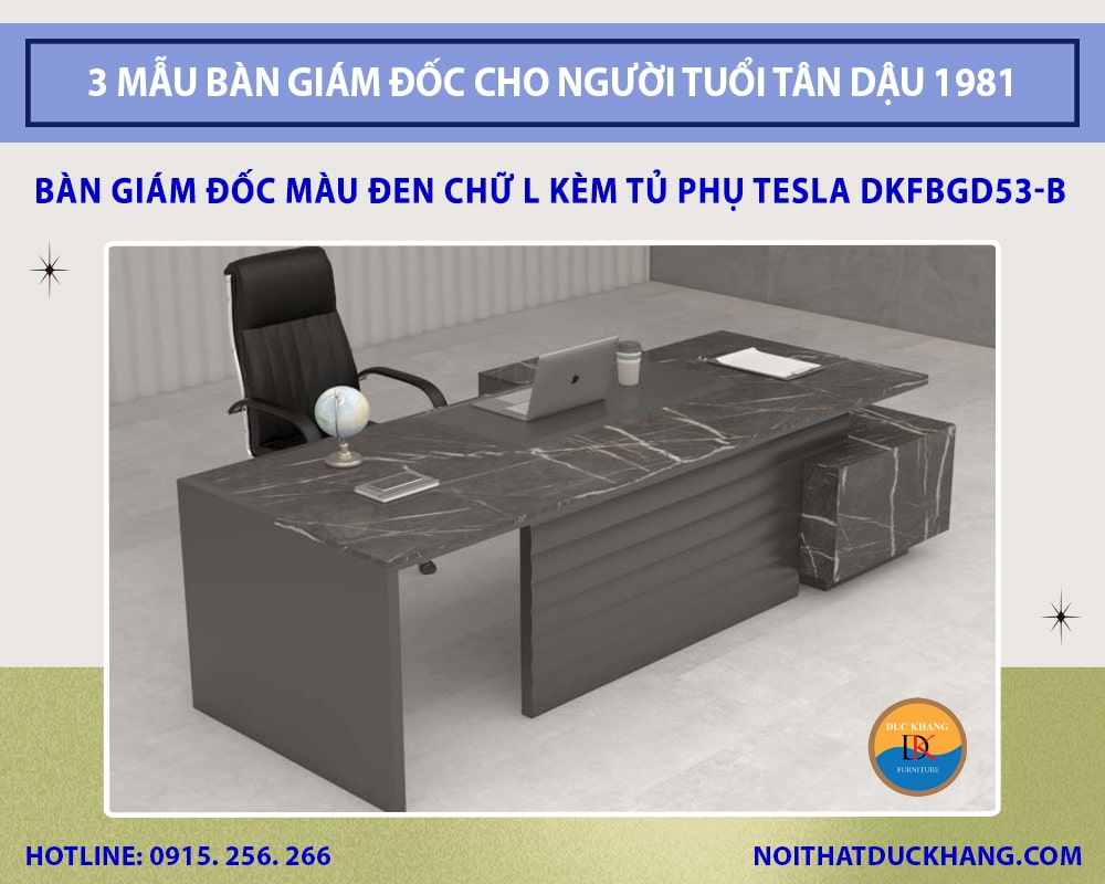 Bàn giám đốc màu đen chữ L kèm tủ phụ Tesla DKFBGD53-B Bàn giám đốc màu đen chữ L kèm tủ phụ Tesla DKFBGD53-B