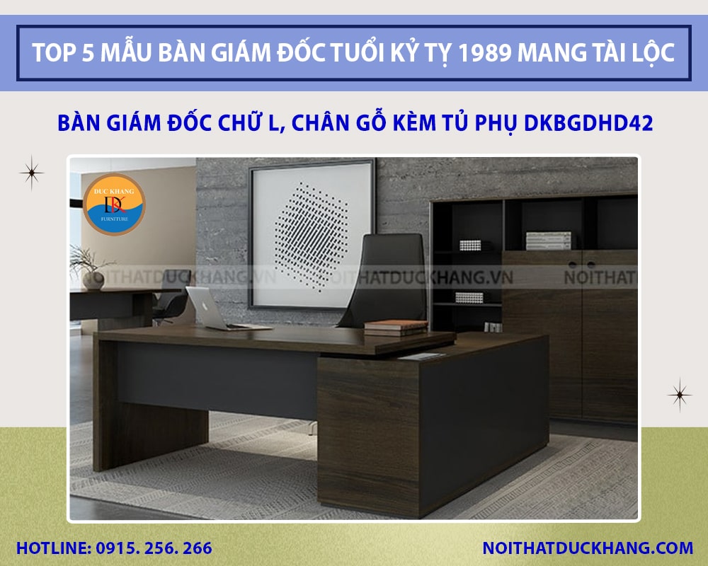 Bàn giám đốc chữ L, chân gỗ kèm tủ phụ DKBGDHD42 Bàn giám đốc chữ L, chân gỗ kèm tủ phụ DKBGDHD42