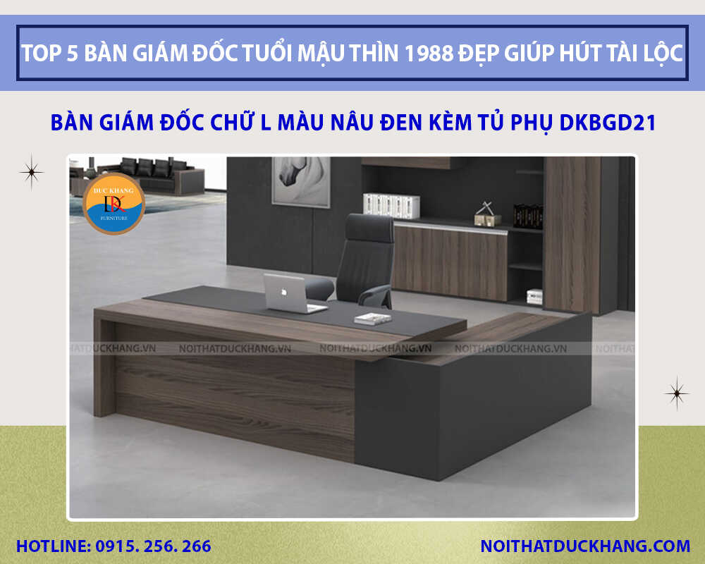 Bàn giám đốc chữ L màu nâu đen kèm tủ phụ DKBGD21