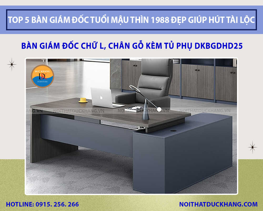 Bàn giám đốc chữ L, chân gỗ kèm tủ phụ DKBGDHD25