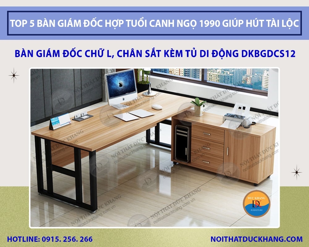 Bàn giám đốc chữ L, chân sắt kèm tủ di động DKBGDCS12