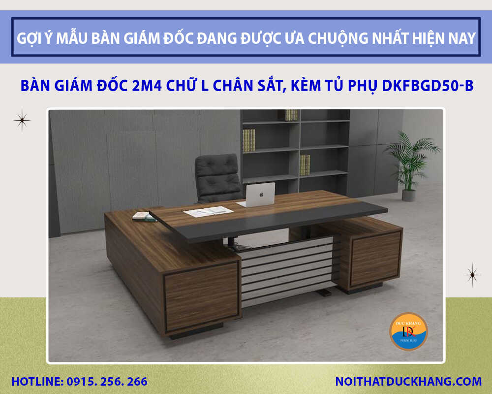 Bàn giám đốc 2m4 chữ L chân sắt, kèm tủ phụ DKFBGD50-B