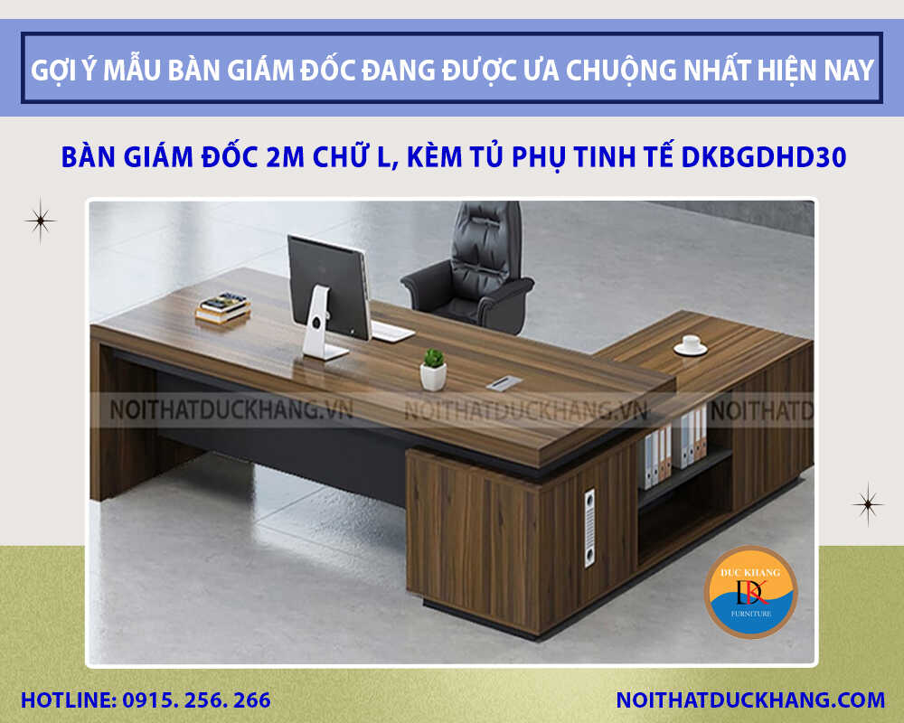 Bàn giám đốc 2m chữ L, kèm tủ phụ và yếm lửng tinh tế DKBGDHD30