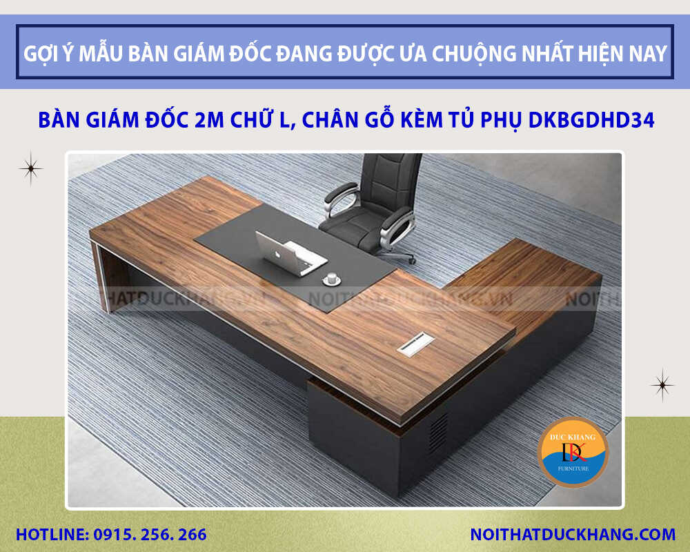 Bàn giám đốc 2m chữ L, chân gỗ kèm tủ phụ DKBGDHD34