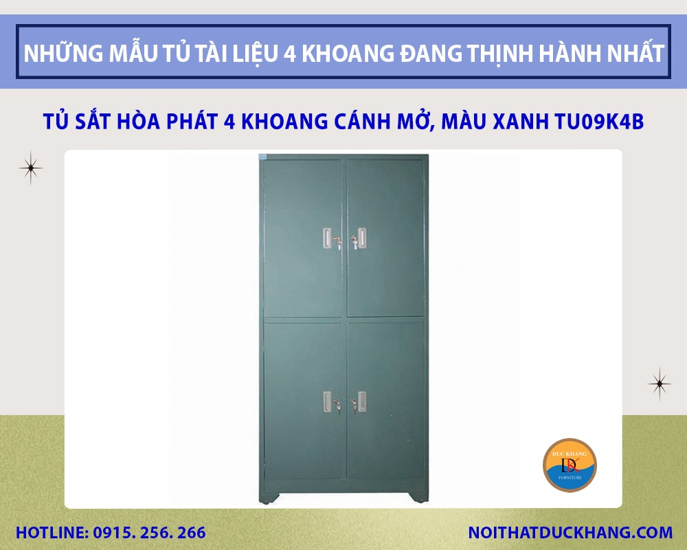 Tủ sắt Hòa Phát 4 khoang cánh mở, màu xanh TU09K4B Tủ sắt Hòa Phát 4 khoang cánh mở, màu xanh TU09K4B