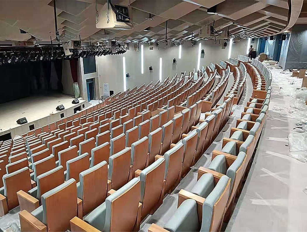 Ghế hội trường gỗ tự nhiên đệm mút đúc lạnh bọc nỉ kèm bàn viết WH600