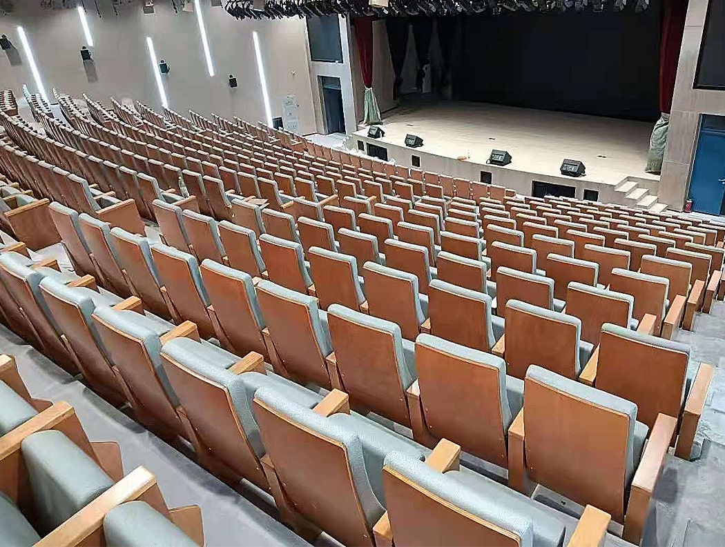 Ghế hội trường gỗ tự nhiên đệm mút đúc lạnh bọc nỉ kèm bàn viết WH600