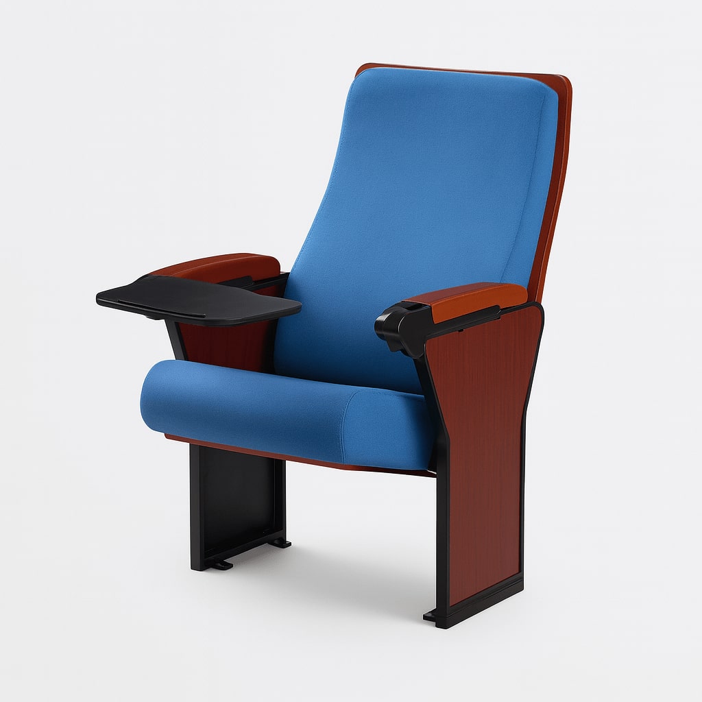 Ghế hội trường gỗ tự nhiên kèm bàn viết, chân thép sơn tĩnh điện, bọc nỉ xanh WH818-1