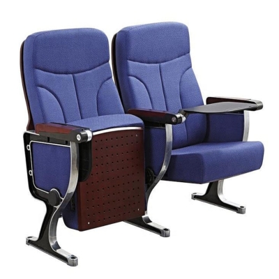 Ghế hội trường nhập khẩu chân nhôm đúc kiểu dáng chữ Q, bọc nỉ, tay vịn ốp gỗ kèm bàn viết