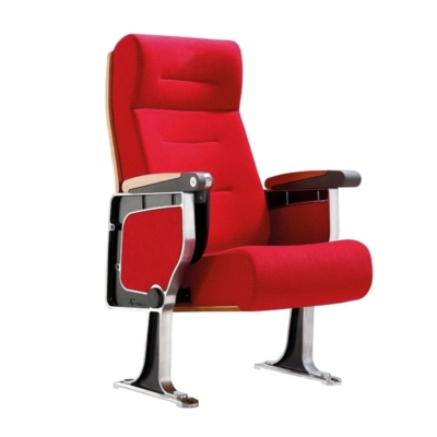 Ghế hội trường nhập khẩu chân nhôm đúc kiểu dáng chữ Q, bọc nỉ, tay vịn ốp gỗ kèm bàn viết