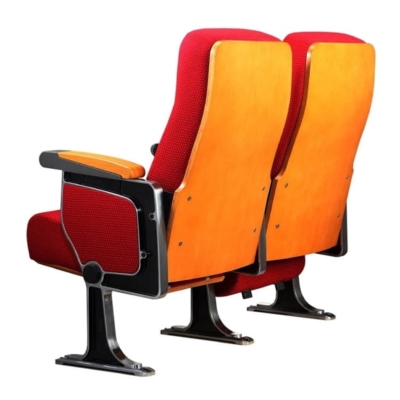 Ghế hội trường nhập khẩu chân nhôm đúc kiểu dáng chữ Q, bọc nỉ, tay vịn ốp gỗ kèm bàn viết