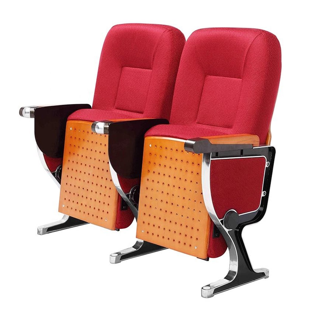 Ghế hội trường nhập khẩu chân đôi bám sàn, bọc vải nỉ đỏ kèm bàn viết HJ9603