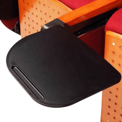 Ghế hội trường nhập khẩu chân nhôm đúc kiểu dáng chữ Q, bọc nỉ, tay vịn ốp gỗ kèm bàn viết