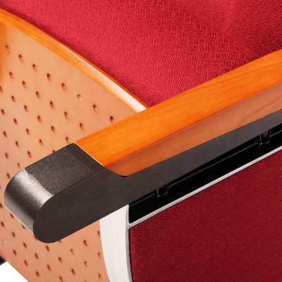 Ghế hội trường nhập khẩu chân nhôm đúc kiểu dáng chữ Q, bọc nỉ, tay vịn ốp gỗ kèm bàn viết