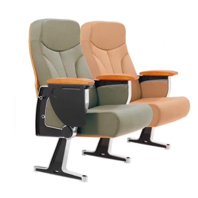 Ghế hội trường nhập khẩu chân nhôm đúc kiểu dáng chữ Q, bọc nỉ, tay vịn ốp gỗ kèm bàn viết