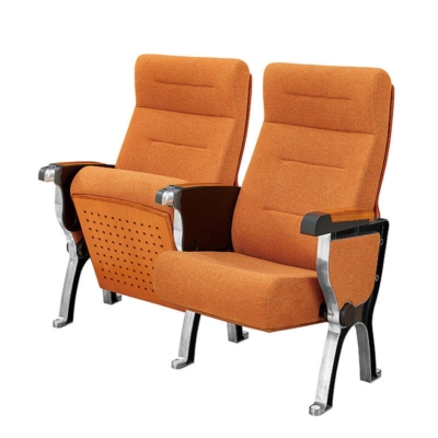 Ghế hội trường nhập khẩu chân nhôm đúc kiểu dáng chữ Q, bọc nỉ, tay vịn ốp gỗ kèm bàn viết