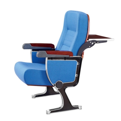 Ghế hội trường nhập khẩu chân nhôm đúc kiểu dáng chữ Q, bọc nỉ, tay vịn ốp gỗ kèm bàn viết