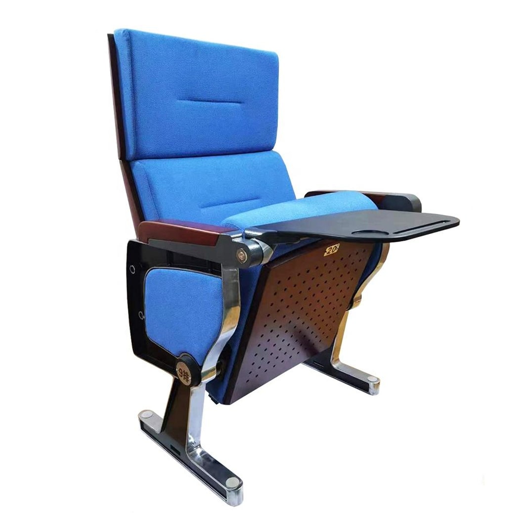 Ghế hội trường nhập khẩu bọc nỉ xám, chân nhôm đúc, tay vịn ốp gỗ kèm bàn viết HJ0607