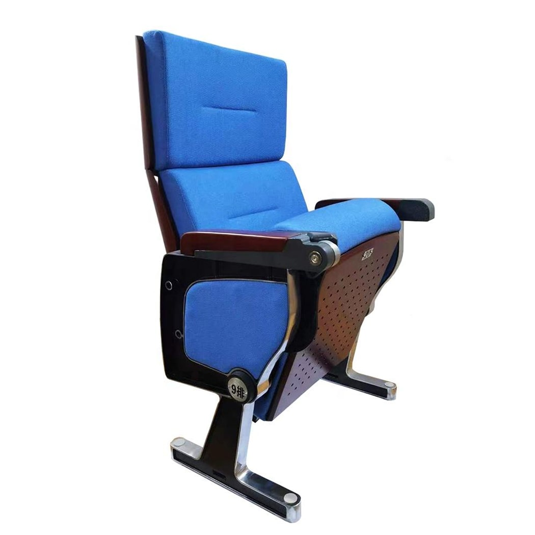 Ghế hội trường nhập khẩu bọc nỉ xám, chân nhôm đúc, tay vịn ốp gỗ kèm bàn viết HJ0607