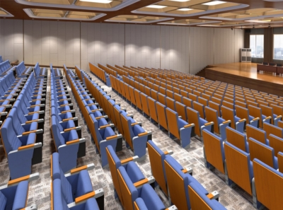 Ghế hội trường bọc đệm nhập khẩu, tay vịn ốp gỗ kèm bàn viết