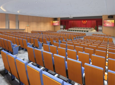 Ghế hội trường bọc đệm nhập khẩu, tay vịn ốp gỗ kèm bàn viết